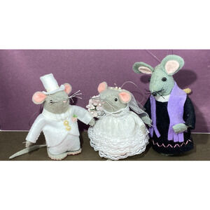 Vtg Felt Mice Wedding Set Bride Groom Minister Ornaments